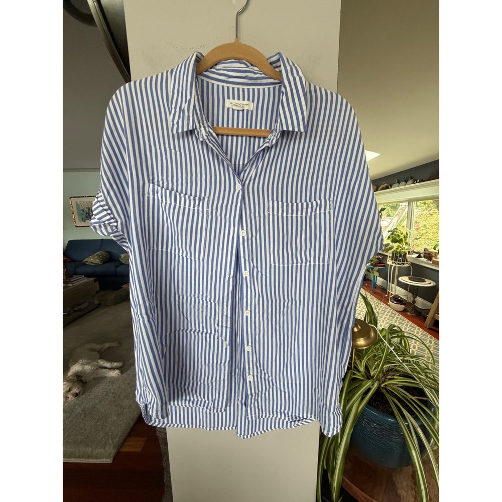 Beachlunchlounge Stripe Shirt Womens L Blue Good Rayon Lyocell Coastal Nautical